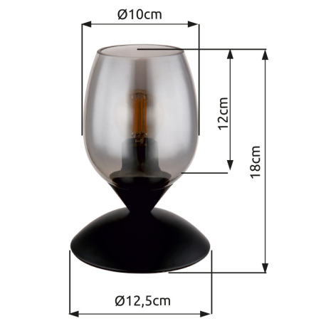 Stolové svietidlo, kov čierny, sklo dymovej farby, kábel PVC čierny, dotykové zapínanie/vypínanie, ø 14