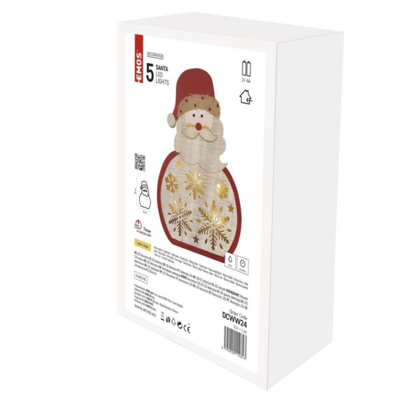 LED dekorácia drevená – Santa, 30 cm, 2x AA, vnútorná, teplá biela, časovač 1