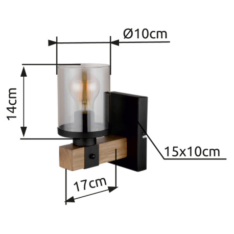 Nástenné svietidlo kov čierny matný, drevo tmavohnedé, sklo dymové, ŠxV: 100x225mm, H: 170mm, bez ži 7