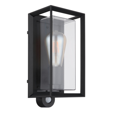 Vonkajšie svietidlo, matný čierny hliník, číry plast, senzor súčasťou balenia, IP44, ŠxV: 130x280mm, 10