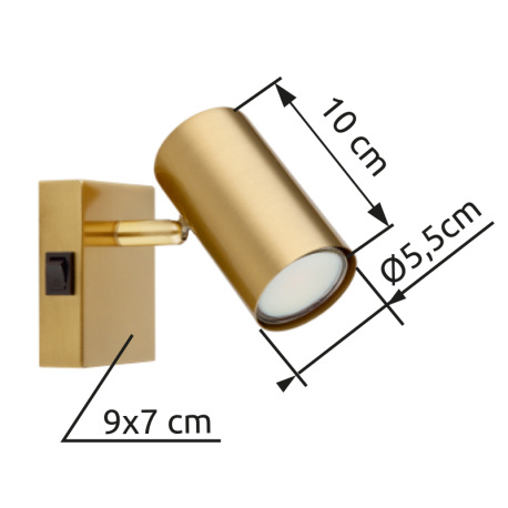 Nástenné svietidlo, kov zlatý brúsený, kolískový vypínač, ŠxV: 70x100mm, H: 130mm, bez žiarovky 1x G 5