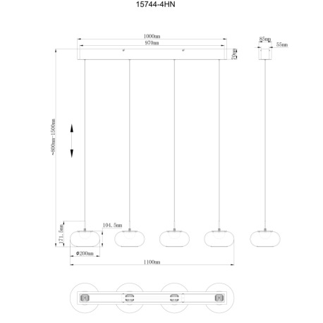 Závesné svietidlo, kov nikel matný, sklo biele, priehľadný kábel, DxŠxV: 1100x200x1500mm, výškovo na 7