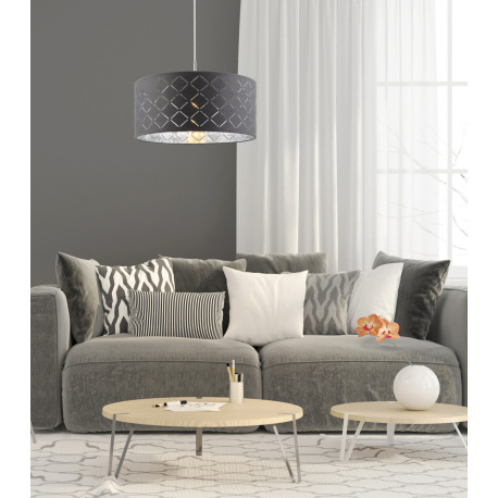 Závesné svietidlo, kov nikel matný, textil sivý, tienidlo s dekoratívnym dierovaním, Ø 400, V:1400, 1