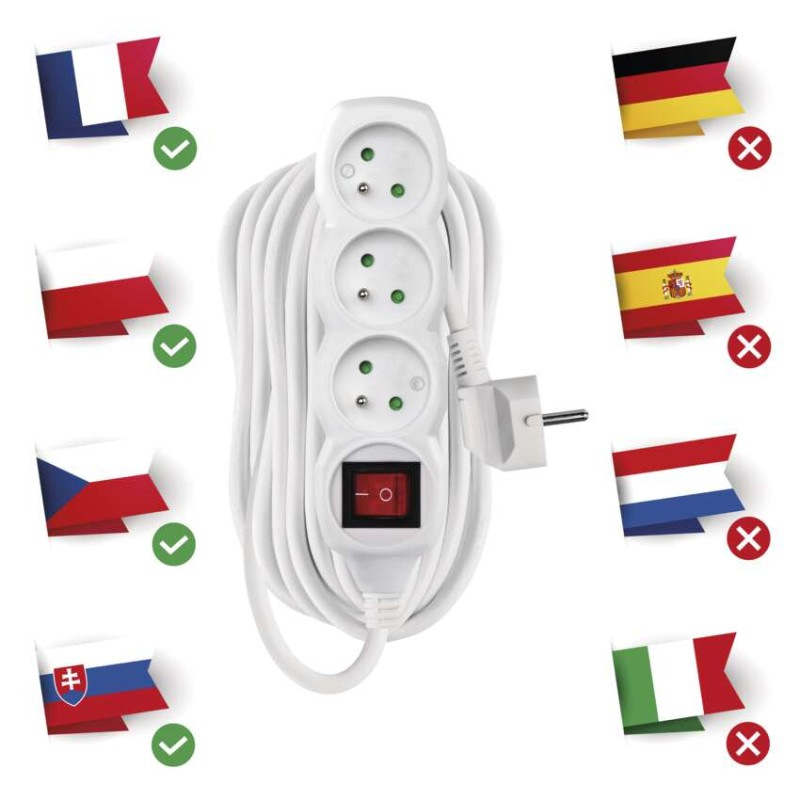 Predlžovací kábel 10 m / 3 zásuvky / s vypínačom / biely / PVC / 1 mm2 1