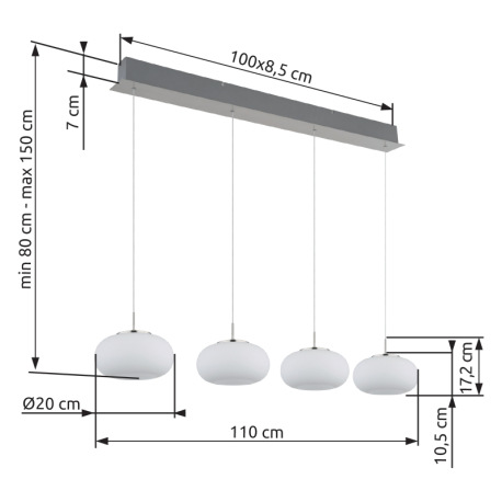 Závesné svietidlo, kov nikel matný, sklo biele, priehľadný kábel, DxŠxV: 1100x200x1500mm, výškovo na 8