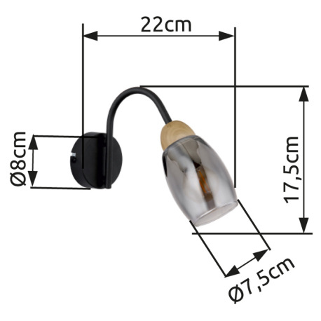Nástenné svietidlo kov čierny matný, sklo dymové, kov imitácia dreva, smer svetla: nadol, ŠxV: 80x17 9