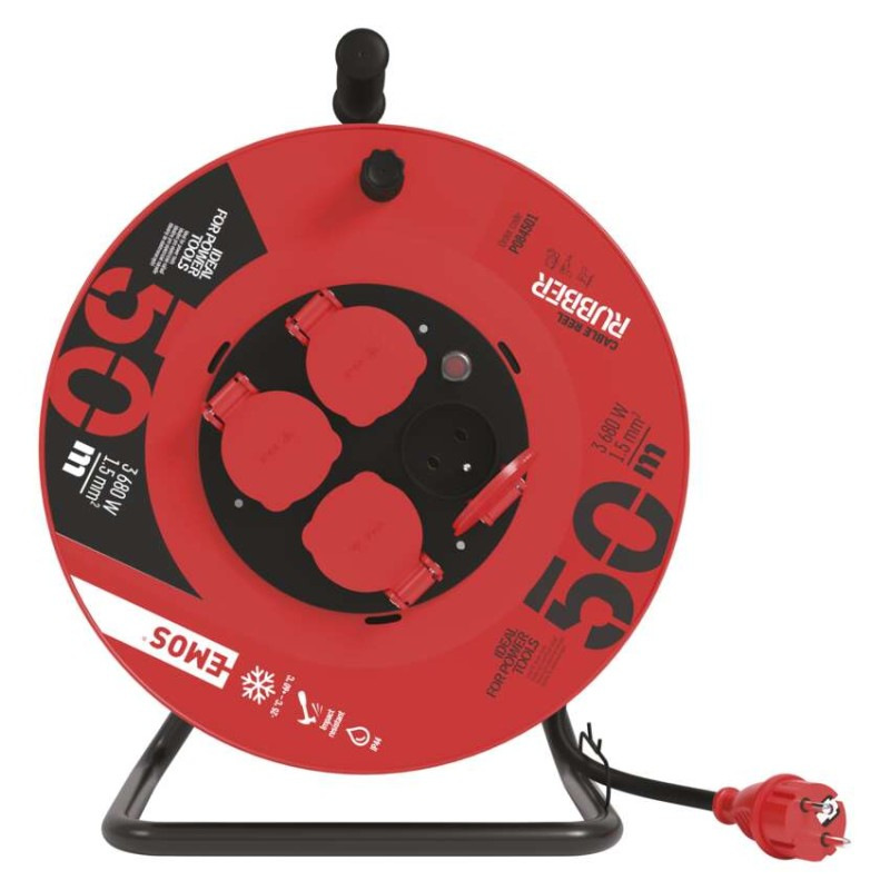 Vonkajší predlžovací kábel na bubne 50 m / 4 zásuvky / čierny / guma / 230 V / 1,5 mm2