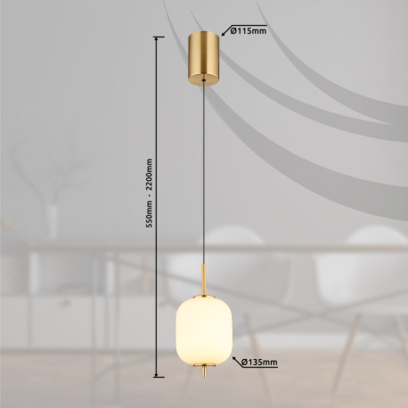 Závesné svietidlo, kov mosadznej farby, biele sklo, čierny PVC kábel, ø: 135 mm, V: 2200 mm, nastavi 5
