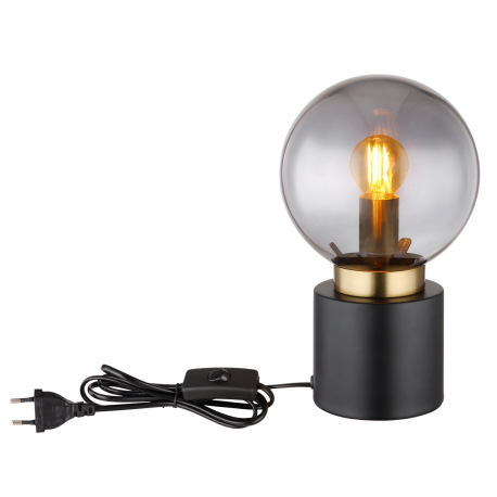 Stolová lampa, kov čierny matný, kov mosadz, sklo dymové, kolískový vypínač na kábli, ø:150mm, V: 24 3