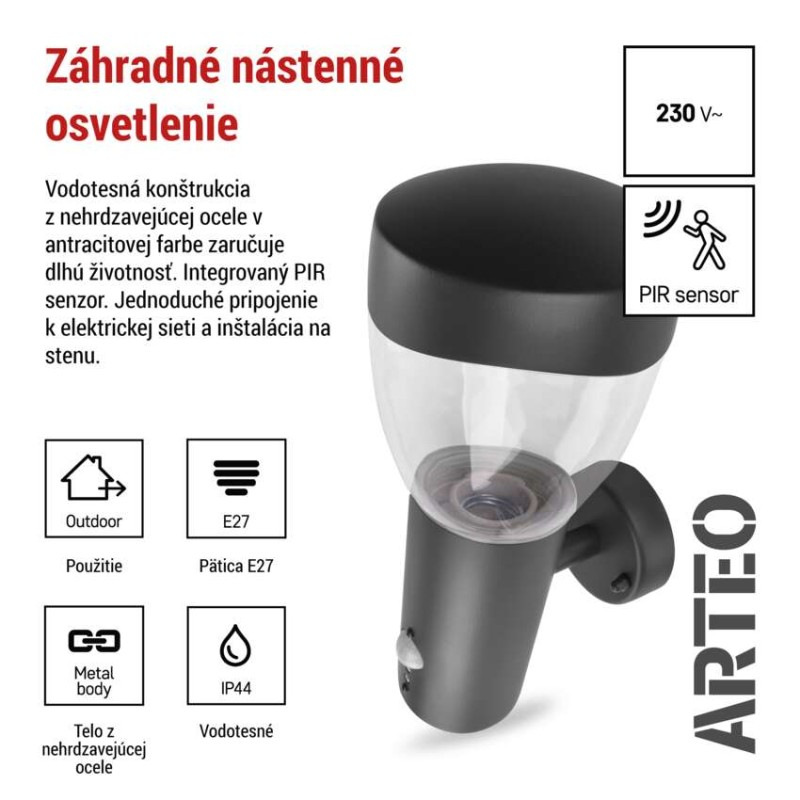 Záhradné nástenné svietidlo ARTEO, senzor súmraku, 16,4 x 12 x 29,5 cm, 1 x E27, 15 W 2