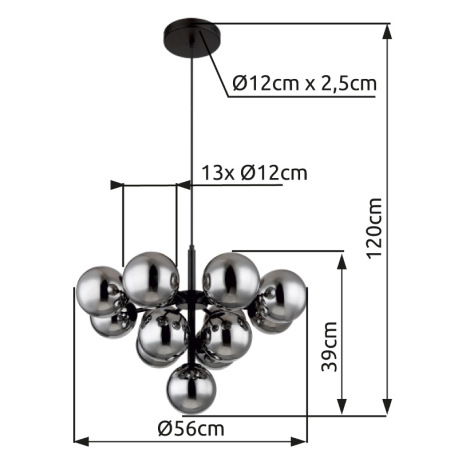 Závesné svietidlo, kov čierny, sklenené gule dymovej farby, textilný kábel čierny, výškovo nastavite 7