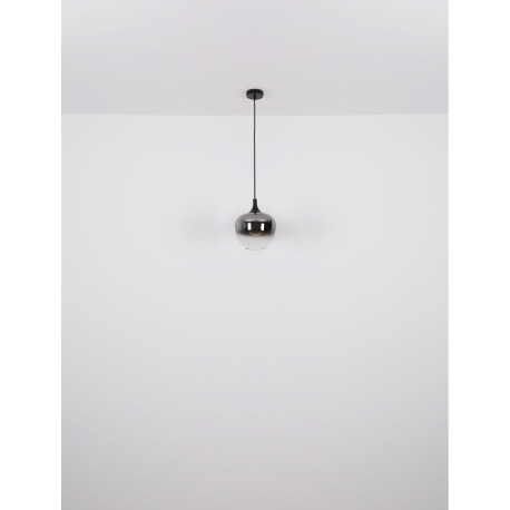 Závesná lampa, kov, čierna matná, sklo dymovej farby, kábel textilný čierny, nastaviteľná výška, DxŠ 7