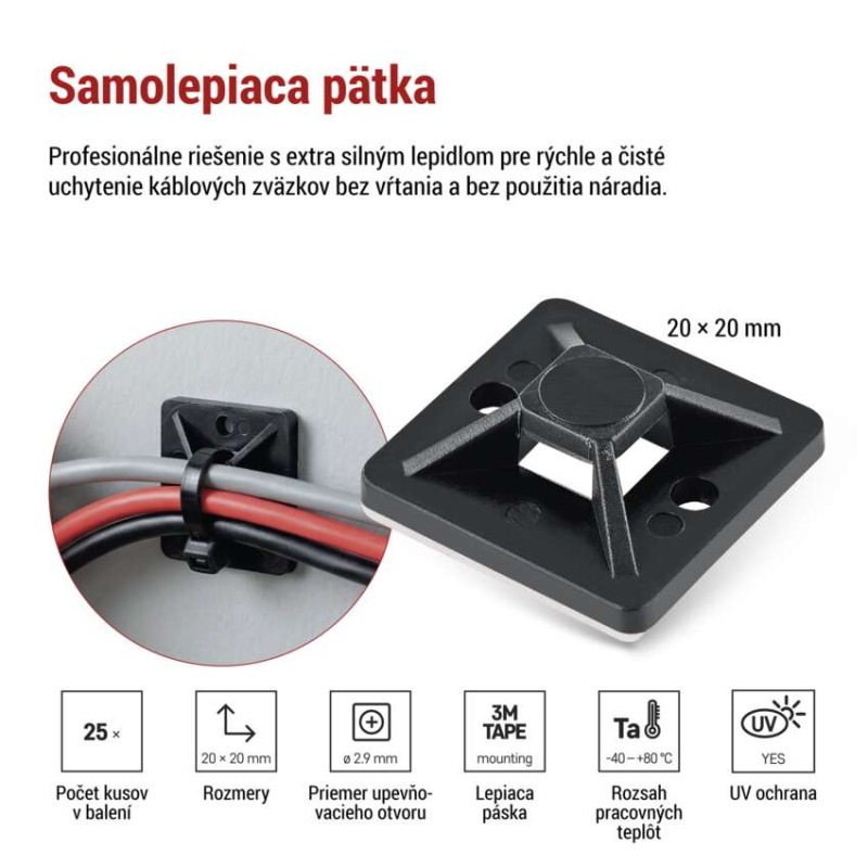 Samolepiaca príchytka sťahovacej pásky 20×20 mm, čierna, 25 ks 1