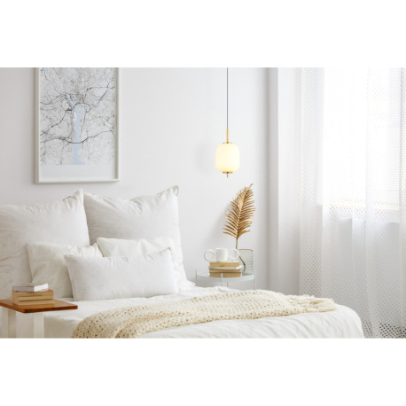 Závesné svietidlo, kov mosadznej farby, biele sklo, čierny PVC kábel, ø: 135 mm, V: 2200 mm, nastavi 7