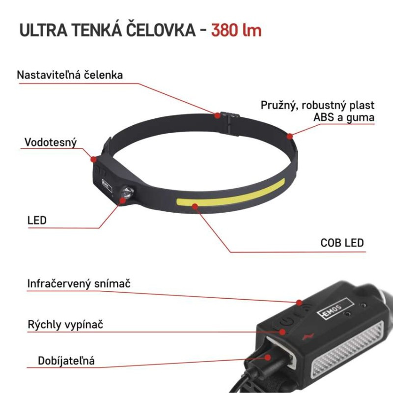 COB LED nabíjacia čelovka P3541, 380 lm, Li-Pol 1200 mAh 2
