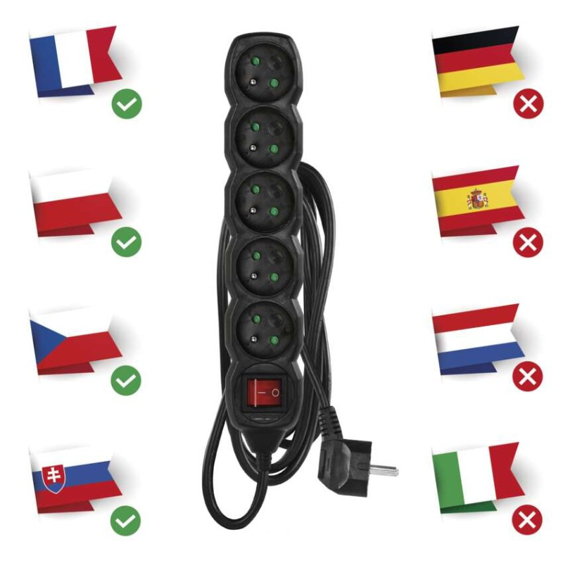 Predlžovací kábel 3 m / 5 zásuviek / s vypínačom / čierny / PVC / 1,5 mm2 1