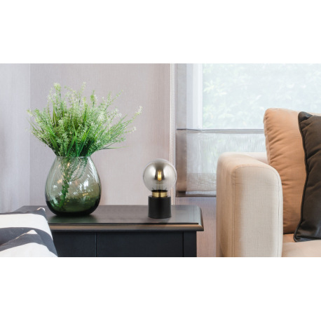 Stolová lampa, kov čierny matný, kov mosadz, sklo dymové, kolískový vypínač na kábli, ø:150mm, V: 24 8