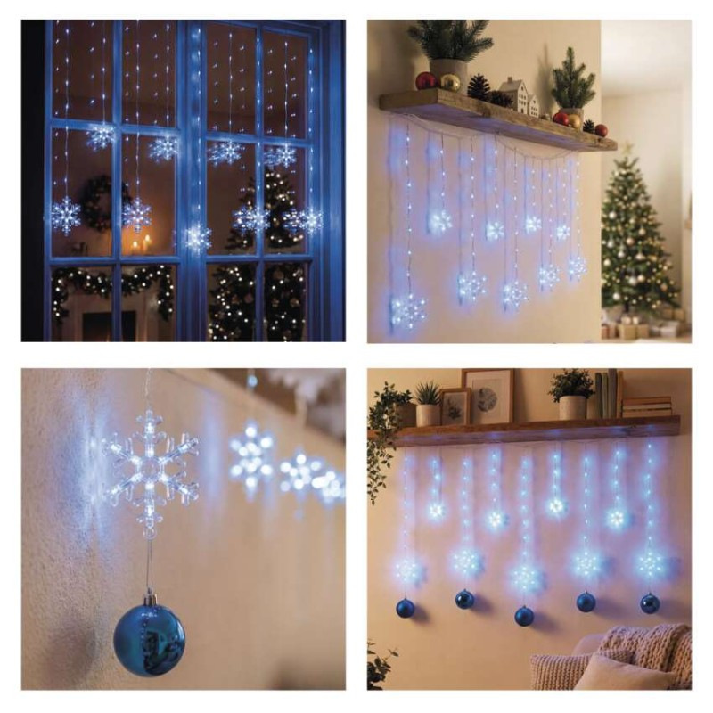 Vianočná LED girlanda – vločky, 160 x 95 cm, IP44, studená biela, časovač 10