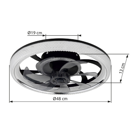 Stropný ventilátor, plast čierny, akryl čierny/číry/dymový, stmievateľný, niekoľko úrovní prostrední 20