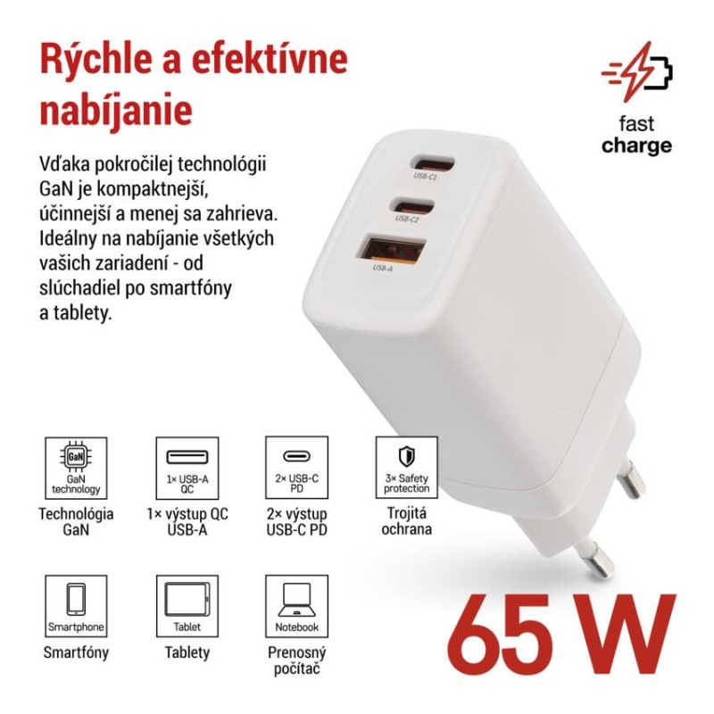 Univerzálny USB adaptér GaN do siete PD 65 W max. 1