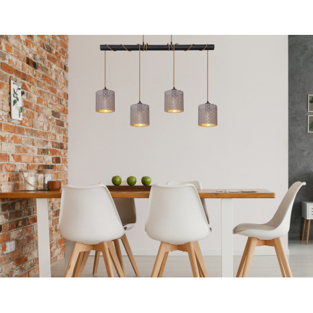 Závesné svietidlo, kov čierny, textil sivý, textilný kábel šampaň, kábel na ovinutie, DxŠxV:1000x160 11