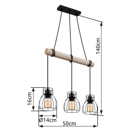 Závesné svietidlo, kov čierny, drevo prírodná farba, kovové tyče čierne, kábel na omotanie, DxŠxV: 5 16
