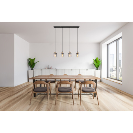 Závesné svietidlo kov čierny matný, drevo tmavohnedé, sklo dymové, kábel PVC čierny, DxŠxV: 780x100x 6