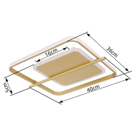 Stropné svietidlo kov zlatej farby, hliník zlatej farby, plast biely, DxŠxV: 400x360x50mm, LED 36W 2 16