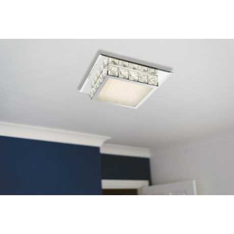 Stropné svietidlo, chróm, sklo biele, K5 krištály číre, zrkadlový okraj, DxŠxV: 250x250x70, vrátane 5