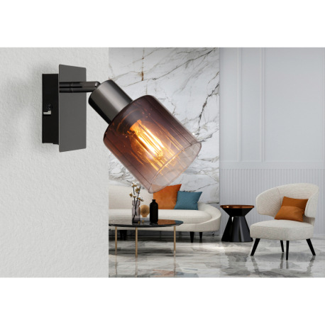 Nástenné svietidlo, kov čierny chróm, sklo medenej farby a priehľadné, kolískový spínač na výrobku, 11