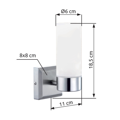 Nástenné svietidlo, nikel matný, sklo biele satinované, pre vnútorné použitie, IP44, DxŠxV:80x110x18 4