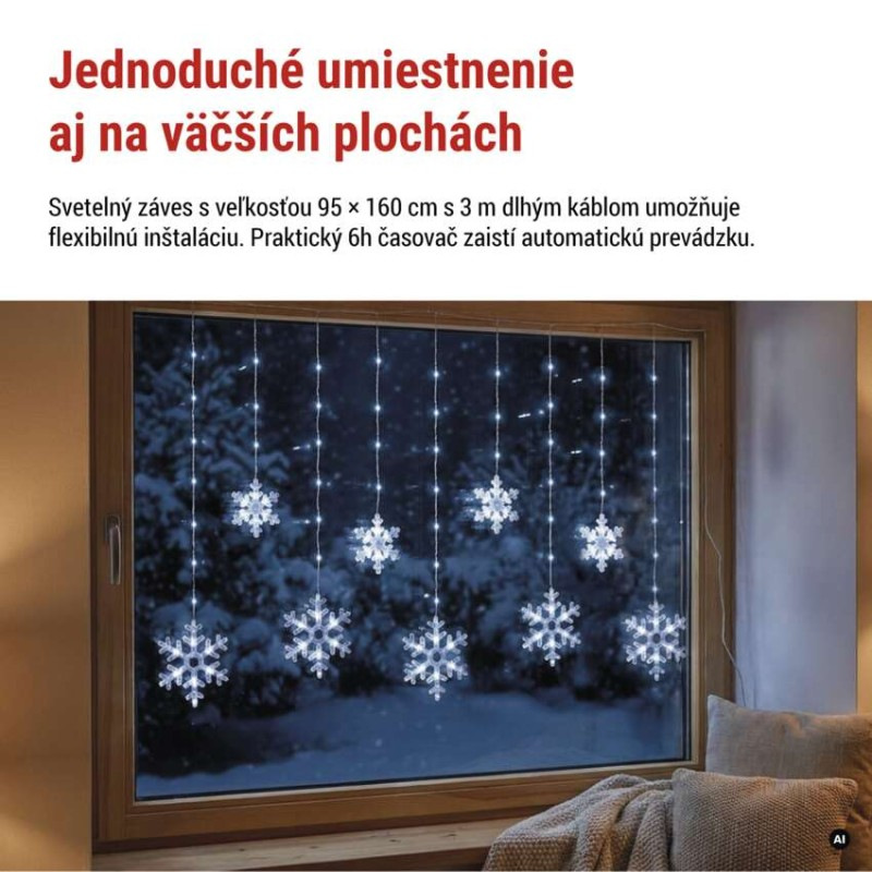 Vianočná LED girlanda – vločky, 160 x 95 cm, IP44, studená biela, časovač 4