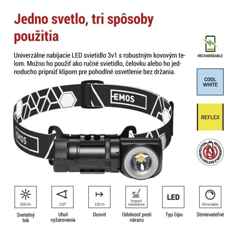 LED nabíjacia čelovka P3544, 500 lm, Li-Ion 800 mAh 2