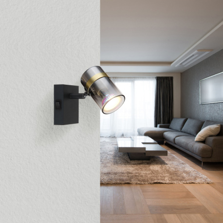 Nástenné svietidlo, kov čierny matný, dymové sklo s prechodom do priehľadného skla, kov mosadz, kolí 1