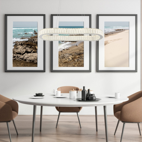 Závesné svietidlo, kov chróm, krištále K5 číre, chrómový krúžok, stmievateľné, viac úrovní pomocou n 1