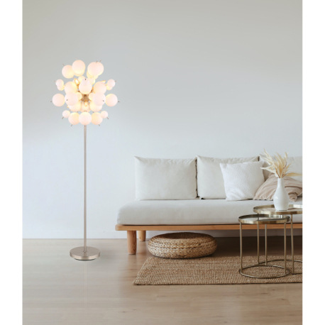 Stojanové svietidlo, kov nikel matný, sklenené gule biele, kábel PVC čierny, vyínač na kábli, ø: 550 6