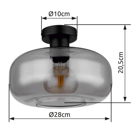 Stropné svietidlo kov čierny matný, dymové sklo, ø: 280mm, V: 205mm, bez žiarovky 1x E27 40W 230V 7