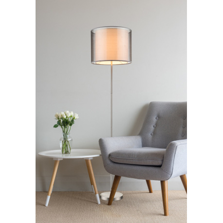 Stojanové svietidlo, kov nikel matný, plast, textil sivý, výška tienidla 31 cm, vypínač, Ø 400, V:16 6
