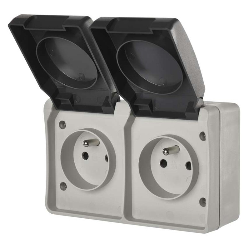 Zásuvka nástenná dvojitá, šedo-čierna, IP44 5