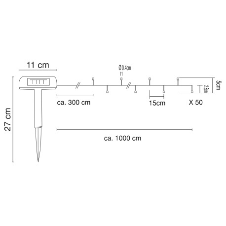 Solárna svetelná reťaz, plast čierny, plast transparentný, kábel od solárneho panelu k prvej LED 3m, 18