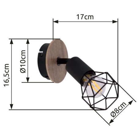 Bodové svietidlo, kov čierny, drevo hnedé, vypínač, ŠxV: 100x165, H: 170, bez žiarovky 1xE14, max. 4 10