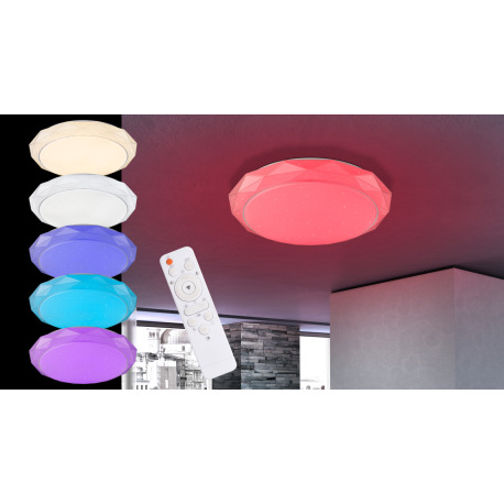 Stropné svietidlo, kov biely, akryl satinovaný, trblietavý efekt, zmena farby svetla 3000-6500K, RGB 7