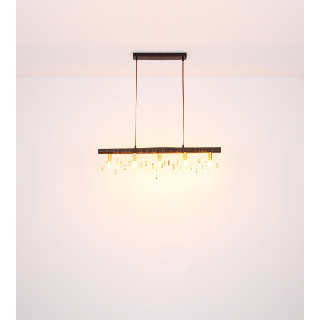 Závesné svietidlo, kov čierny, drevo čierne, sklenené krištále, textilný kábel šampaň, DxŠxV:900x60x 20