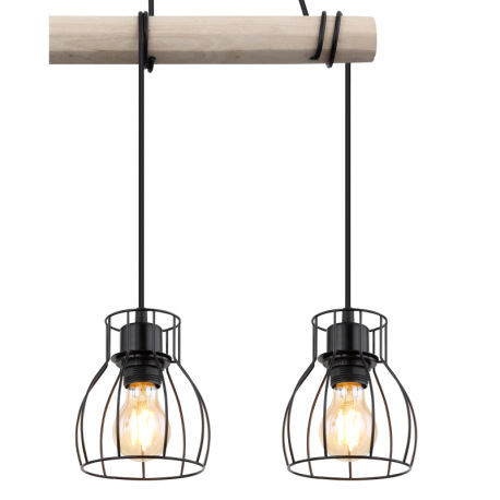 Závesné svietidlo, kov čierny, drevo prírodná farba, kovové tyče čierne, kábel na omotanie, DxŠxV: 5 14