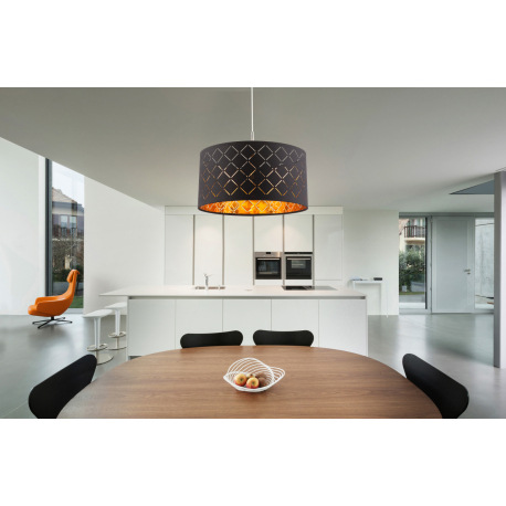 Závesné svietidlo, kov nikel matný, tkanina zlato-čierna, tienidlo s ozdobným dierovaním, Ø 400, V:1 5