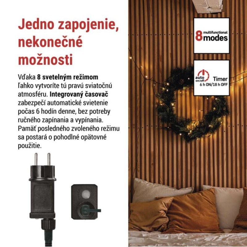 LED vianočná reťaz, 24 m, vonkajšia aj vnútorná, teplá biela, programy, časovač 2