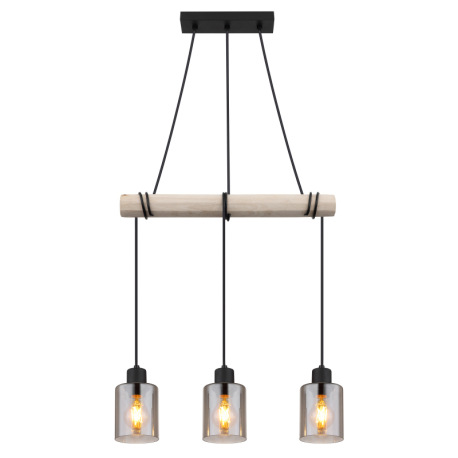 Závesné svietidlo, kov čierny, drevo prírodná farba, sklo dymová farba, kábel na omotanie, DxŠxV: 50 13