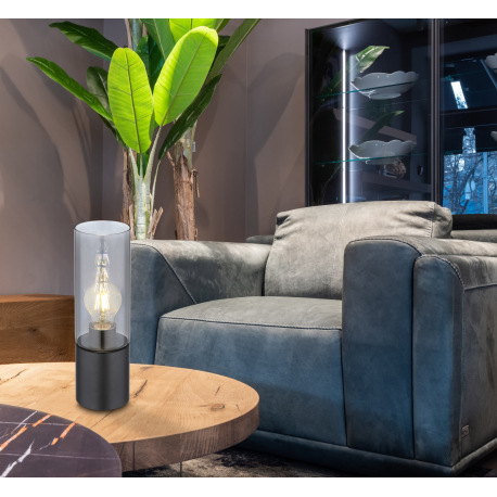 Stolová lampa, kov čierny, dymové sklo, textilný čierny kábel, dotykový zapínač On/Off, ø: 90mm, V:3 2