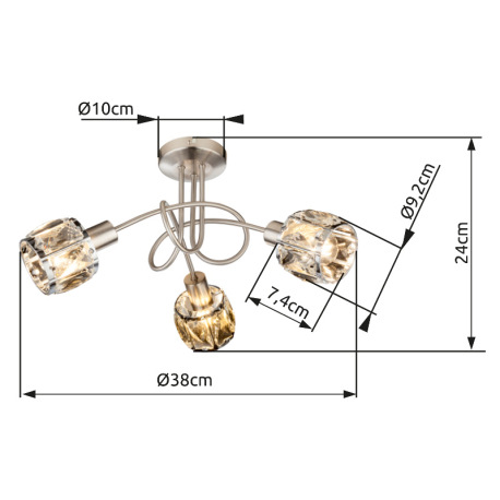Stropné svietidlo, kov, nikel, chróm, sklenený kryštál priehľadný, Ø380, V:240, bez žiaroviek 3xE14, 5
