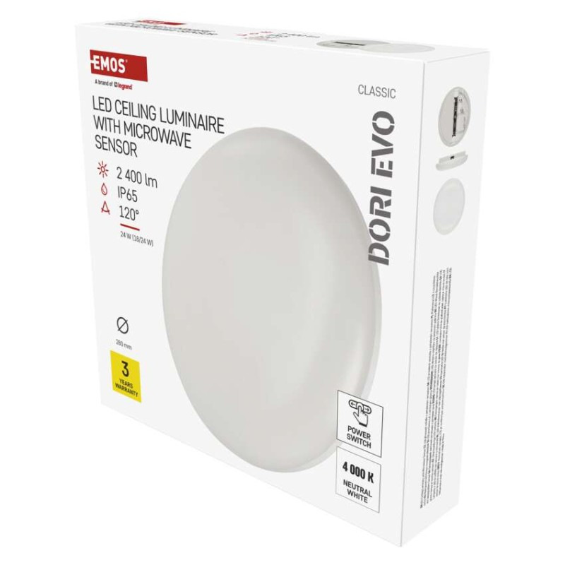LED stropné svietidlo DORI EVO, MW sensor, okrúhle biele 24W, IP65, Neutrálna biela